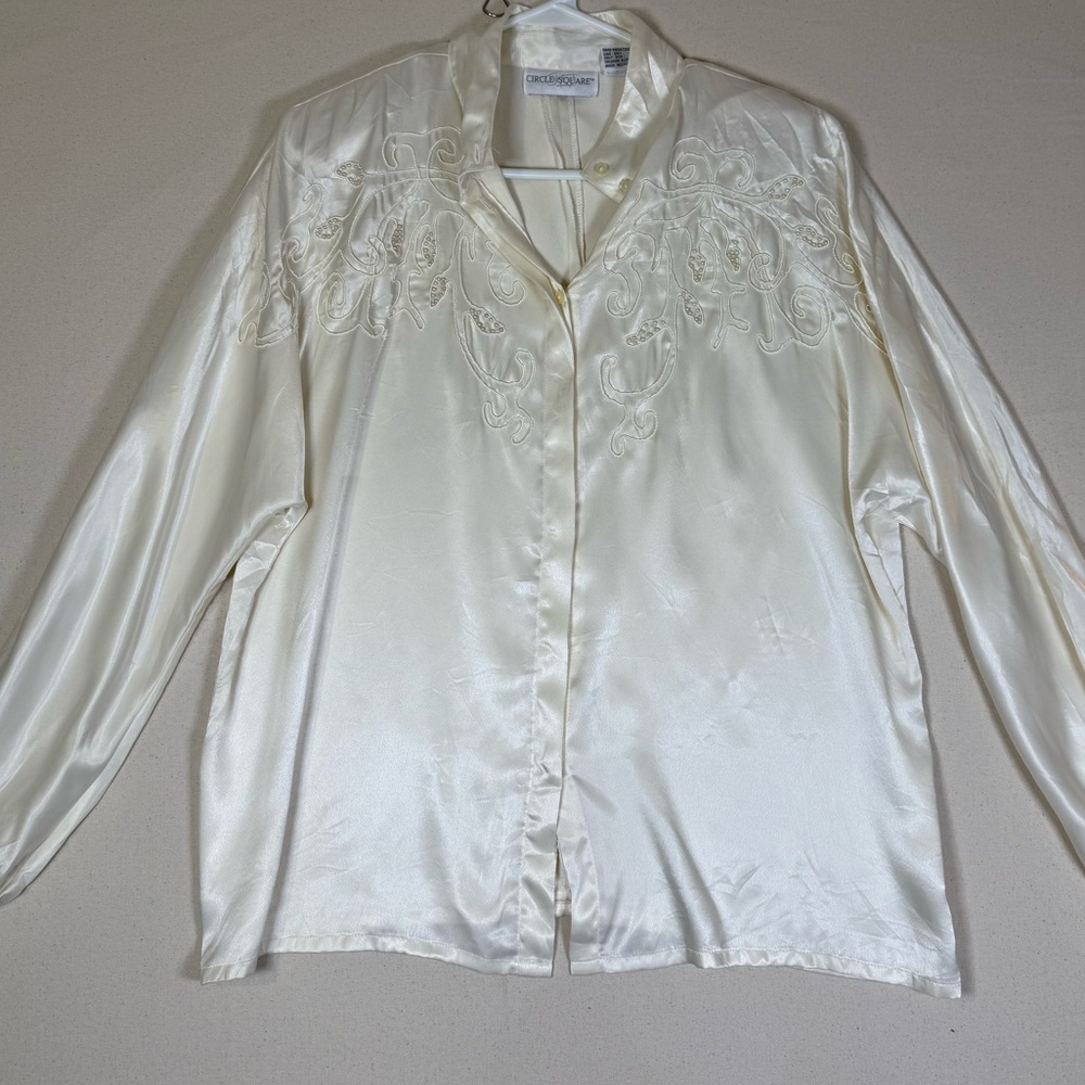 Vintage Circle Square Ivory Satin Embroidered Blouse | Beaded Pearl Detail Top